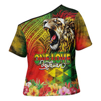 Hawaiian Reggae Cross Shoulder Shirt Jawaiian One Love-Tribal Tatoos and Rastafari Lion - Polynesian Pride
