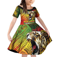 Hawaiian Reggae Family Matching Off Shoulder Short Dress and Hawaiian Shirt Jawaiian One Love-Tribal Tatoos and Rastafari Lion LT03 Daughter's Dress Multicolor - Polynesian Pride