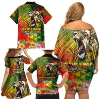 Hawaiian Reggae Family Matching Off Shoulder Short Dress and Hawaiian Shirt Jawaiian One Love-Tribal Tatoos and Rastafari Lion LT03 - Polynesian Pride