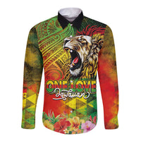 Hawaiian Reggae Long Sleeve Button Shirt Jawaiian One Love-Tribal Tatoos and Rastafari Lion - Polynesian Pride