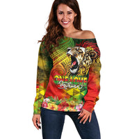 Hawaiian Reggae Off Shoulder Sweater Jawaiian One Love-Tribal Tatoos and Rastafari Lion - Polynesian Pride