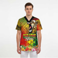 Hawaiian Reggae Scrub Top Jawaiian One Love-Tribal Tatoos and Rastafari Lion - Polynesian Pride
