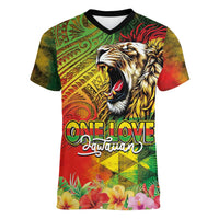 Hawaiian Reggae Women V-Neck T-Shirt Jawaiian One Love-Tribal Tatoos and Rastafari Lion - Polynesian Pride