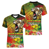 Hawaiian Reggae Women V-Neck T-Shirt Jawaiian One Love-Tribal Tatoos and Rastafari Lion - Polynesian Pride