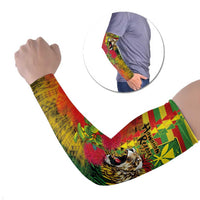 Hawaiian Reggae Arm Sleeves Kakau Art Motifs with Ohia Lehua and Rastafari Lion - Polynesian Pride