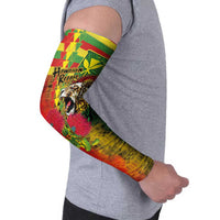 Hawaiian Reggae Arm Sleeves Kakau Art Motifs with Ohia Lehua and Rastafari Lion - Polynesian Pride