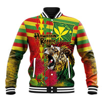 Hawaiian Reggae Baseball Jacket Kakau Art Motifs with Ohia Lehua and Rastafari Lion - Polynesian Pride