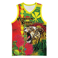Hawaiian Reggae Basketball Jersey Kakau Art Motifs with Ohia Lehua and Rastafari Lion - Polynesian Pride