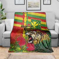 Hawaiian Reggae Blanket Kakau Art Motifs with Ohia Lehua and Rastafari Lion - Polynesian Pride