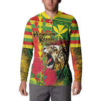 Hawaiian Reggae Button Sweatshirt Kakau Art Motifs with Ohia Lehua and Rastafari Lion - Polynesian Pride