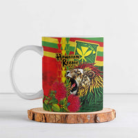 Hawaiian Reggae Ceramic Mug Kakau Art Motifs with Ohia Lehua and Rastafari Lion - Polynesian Pride