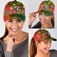 Hawaiian Reggae Classic Cap Kakau Art Motifs with Ohia Lehua and Rastafari Lion - Polynesian Pride