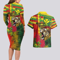 Hawaiian Reggae Couples Matching Long Sleeve Bodycon Dress and Hawaiian Shirt Kakau Art Motifs with Ohia Lehua and Rastafari Lion - Polynesian Pride