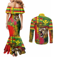 Hawaiian Reggae Couples Matching Mermaid Dress and Long Sleeve Button Shirt Kakau Art Motifs with Ohia Lehua and Rastafari Lion - Polynesian Pride