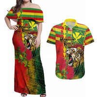 Hawaiian Reggae Couples Matching Off Shoulder Maxi Dress and Hawaiian Shirt Kakau Art Motifs with Ohia Lehua and Rastafari Lion LT03 Multicolor - Polynesian Pride