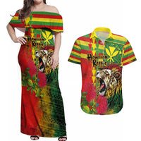Hawaiian Reggae Couples Matching Off Shoulder Maxi Dress and Hawaiian Shirt Kakau Art Motifs with Ohia Lehua and Rastafari Lion - Polynesian Pride