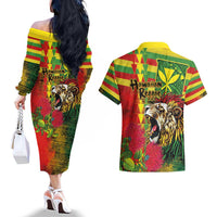 Hawaiian Reggae Couples Matching Off The Shoulder Long Sleeve Dress and Hawaiian Shirt Kakau Art Motifs with Ohia Lehua and Rastafari Lion - Polynesian Pride