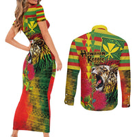 Hawaiian Reggae Couples Matching Short Sleeve Bodycon Dress and Long Sleeve Button Shirt Kakau Art Motifs with Ohia Lehua and Rastafari Lion - Polynesian Pride