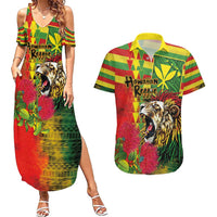 Hawaiian Reggae Couples Matching Summer Maxi Dress and Hawaiian Shirt Kakau Art Motifs with Ohia Lehua and Rastafari Lion - Polynesian Pride