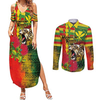Hawaiian Reggae Couples Matching Summer Maxi Dress and Long Sleeve Button Shirt Kakau Art Motifs with Ohia Lehua and Rastafari Lion - Polynesian Pride