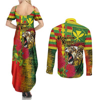 Hawaiian Reggae Couples Matching Summer Maxi Dress and Long Sleeve Button Shirt Kakau Art Motifs with Ohia Lehua and Rastafari Lion - Polynesian Pride