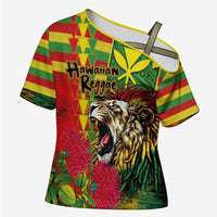 Hawaiian Reggae Cross Shoulder Shirt Kakau Art Motifs with Ohia Lehua and Rastafari Lion - Polynesian Pride