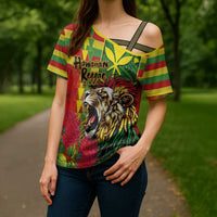 Hawaiian Reggae Cross Shoulder Shirt Kakau Art Motifs with Ohia Lehua and Rastafari Lion - Polynesian Pride
