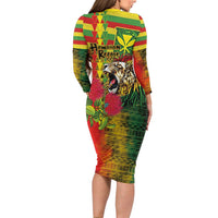 Hawaiian Reggae Family Matching Long Sleeve Bodycon Dress and Hawaiian Shirt Kakau Art Motifs with Ohia Lehua and Rastafari Lion - Polynesian Pride