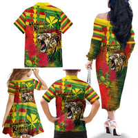 Hawaiian Reggae Family Matching Off The Shoulder Long Sleeve Dress and Hawaiian Shirt Kakau Art Motifs with Ohia Lehua and Rastafari Lion - Polynesian Pride