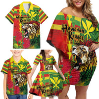 Hawaiian Reggae Family Matching Off Shoulder Short Dress and Hawaiian Shirt Kakau Art Motifs with Ohia Lehua and Rastafari Lion - Polynesian Pride