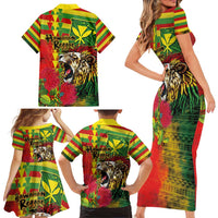 Hawaiian Reggae Family Matching Short Sleeve Bodycon Dress and Hawaiian Shirt Kakau Art Motifs with Ohia Lehua and Rastafari Lion LT03 - Polynesian Pride