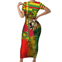Hawaiian Reggae Family Matching Short Sleeve Bodycon Dress and Hawaiian Shirt Kakau Art Motifs with Ohia Lehua and Rastafari Lion LT03 Mom's Dress Multicolor - Polynesian Pride