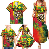 Hawaiian Reggae Family Matching Summer Maxi Dress and Hawaiian Shirt Kakau Art Motifs with Ohia Lehua and Rastafari Lion - Polynesian Pride