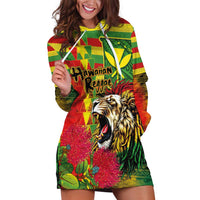 Hawaiian Reggae Hoodie Dress Kakau Art Motifs with Ohia Lehua and Rastafari Lion - Polynesian Pride