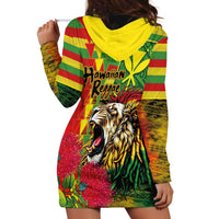 Hawaiian Reggae Hoodie Dress Kakau Art Motifs with Ohia Lehua and Rastafari Lion - Polynesian Pride