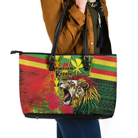 Hawaiian Reggae Leather Tote Bag Kakau Art Motifs with Ohia Lehua and Rastafari Lion - Polynesian Pride