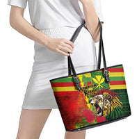 Hawaiian Reggae Leather Tote Bag Kakau Art Motifs with Ohia Lehua and Rastafari Lion - Polynesian Pride