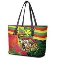 Hawaiian Reggae Leather Tote Bag Kakau Art Motifs with Ohia Lehua and Rastafari Lion - Polynesian Pride