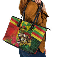Hawaiian Reggae Leather Tote Bag Kakau Art Motifs with Ohia Lehua and Rastafari Lion - Polynesian Pride