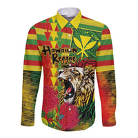 Hawaiian Reggae Long Sleeve Button Shirt Kakau Art Motifs with Ohia Lehua and Rastafari Lion - Polynesian Pride