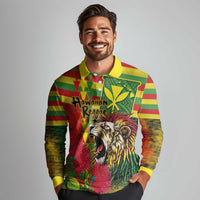 Hawaiian Reggae Long Sleeve Polo Shirt Kakau Art Motifs with Ohia Lehua and Rastafari Lion - Polynesian Pride