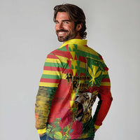 Hawaiian Reggae Long Sleeve Polo Shirt Kakau Art Motifs with Ohia Lehua and Rastafari Lion - Polynesian Pride