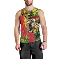 Hawaiian Reggae Men Tank Top Kakau Art Motifs with Ohia Lehua and Rastafari Lion - Polynesian Pride