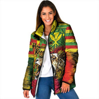 Hawaiian Reggae Padded Jacket Kakau Art Motifs with Ohia Lehua and Rastafari Lion - Polynesian Pride