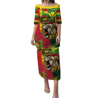 Hawaiian Reggae Puletasi Kakau Art Motifs with Ohia Lehua and Rastafari Lion LT03 Long Dress Multicolor - Polynesian Pride