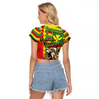 Hawaiian Reggae Raglan Cropped T Shirt Kakau Art Motifs with Ohia Lehua and Rastafari Lion - Polynesian Pride