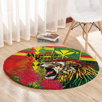 Hawaiian Reggae Round Carpet Kakau Art Motifs with Ohia Lehua and Rastafari Lion - Polynesian Pride