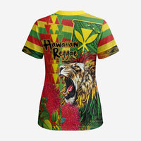 Hawaiian Reggae Scrub Top Kakau Art Motifs with Ohia Lehua and Rastafari Lion - Polynesian Pride