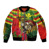 Hawaiian Reggae Sleeve Zip Bomber Jacket Kakau Art Motifs with Ohia Lehua and Rastafari Lion - Polynesian Pride