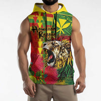 Hawaiian Reggae Sleeveless Hoodie Kakau Art Motifs with Ohia Lehua and Rastafari Lion - Polynesian Pride